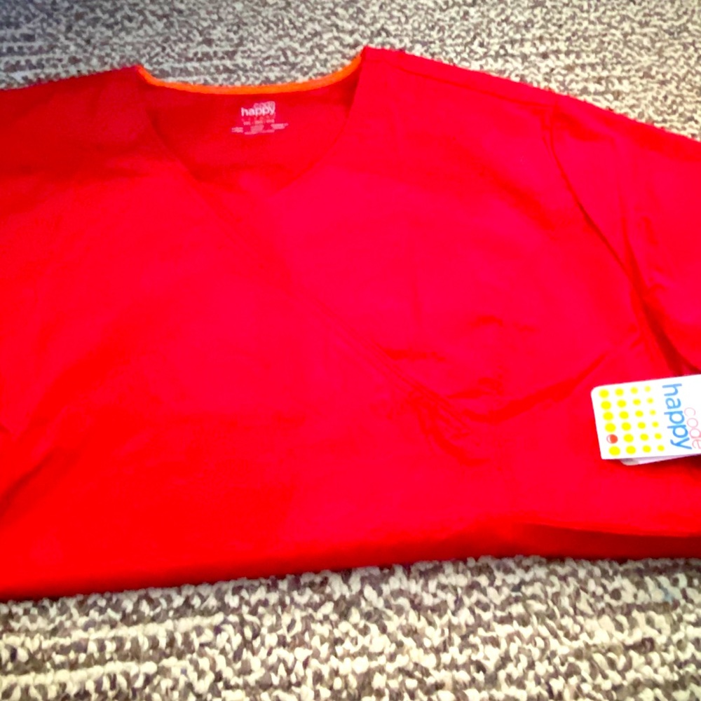code Happy red mock wrap style scrub top size 5xl.